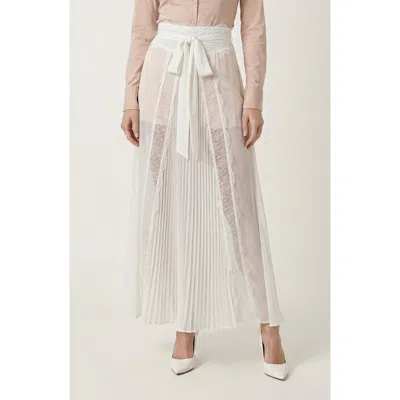 Modenaire Sheer Lace Panel Pleated Maxi Skirt In White