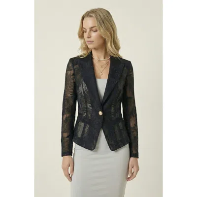 Modenaire Sheer Lace Sleeved Tailored Blazer In Blue