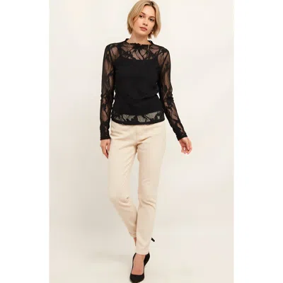Modenaire Sheer Lace Top With Long Sleeves, High Neckline And Scalloped Trim In Black