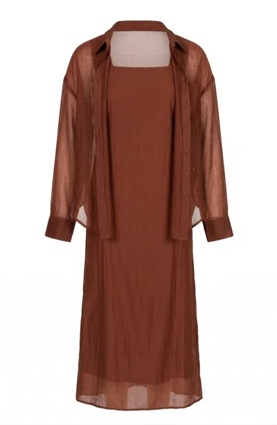 Modenaire Sheer Layered Two Piece Midi Dress Set In Brown