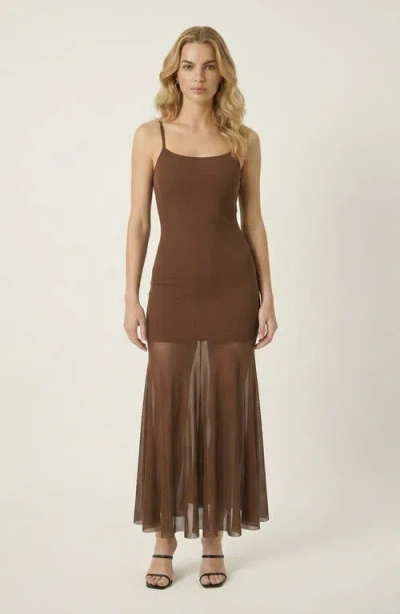 Modenaire Sheer Mesh Maxi Dress In Brown