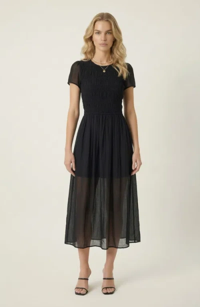 Modenaire Sheer Overlay Midi Dress With Smocked Bodice In Black