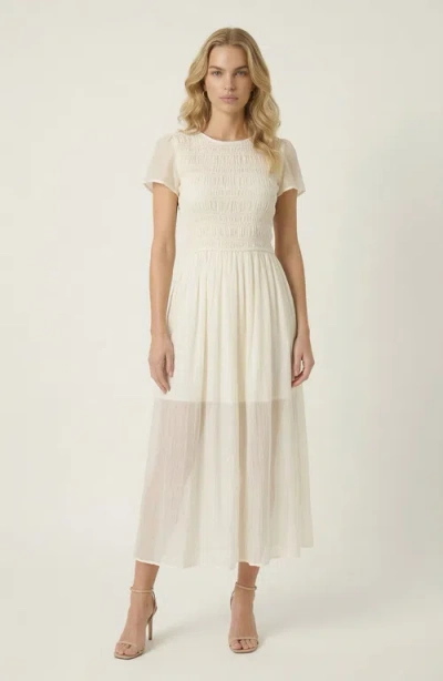 Modenaire Sheer Overlay Midi Dress With Smocked Bodice In White