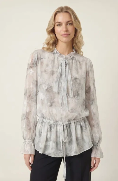 Modenaire Sheer Printed Ruffle Neck Blouse In White