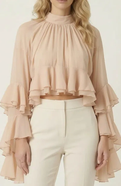 Modenaire Sheer Ruffle Sleeve Blouse In Pink