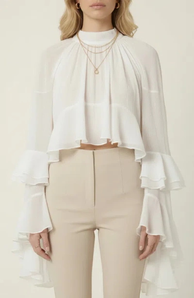 Modenaire Sheer Ruffle Sleeve Blouse In White