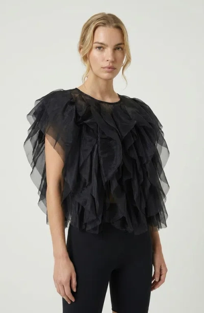 Modenaire Sheer Ruffled Tulle Blouse In Black