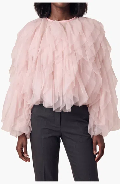 Modenaire Sheer Tiered Ruffle Blouse In Pink