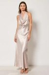 Modenaire Shimmer Cowl Neck Halter Gown With Open Back And Floor-length Skirt In Gold