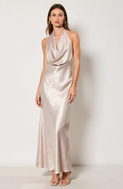 Modenaire Shimmer Cowl Neck Halter Gown With Open Back And Floor-length Skirt In Gold