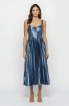 Modenaire Shiny Pleated Midi Dress With Sweetheart Neckline And Wide Straps In Blue