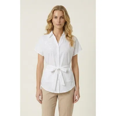 Modenaire Short Sleeve Button-down Waist Tie Top In White