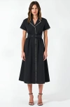 Modenaire Short Sleeve Collared Midi Dress With Pearl Details And Statement Belt In Black