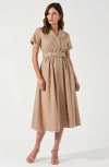 Modenaire Short Sleeve Collared Midi Dress With Pearl Details And Statement Belt In Neutral