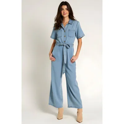 Modenaire Short Sleeve Denim Jumpsuit With Waist Tie And Patch Pockets In Blue