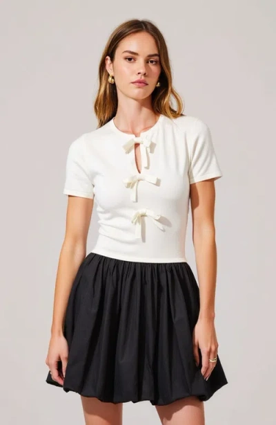 Modenaire Short-sleeve Knit And Poplin Mini Dress In White/black
