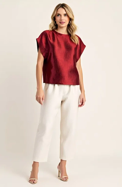 Modenaire Short Sleeve Textured Satin Blouse With Relaxed Fit And Keyhole Back In Burgundy