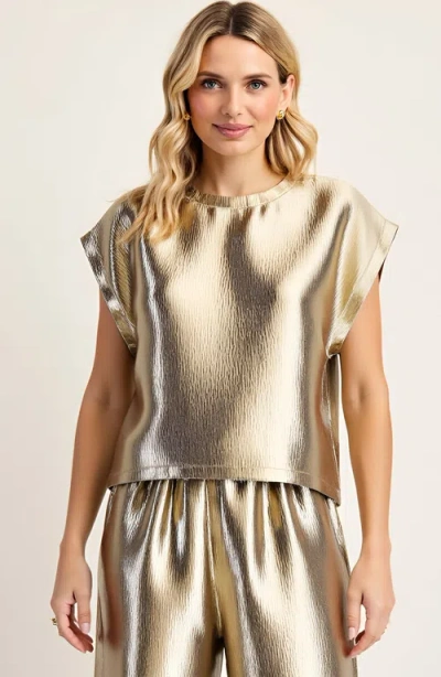 Modenaire Short Sleeve Textured Satin Blouse With Relaxed Fit And Keyhole Back In Gold