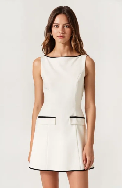 Modenaire Sleeveless A-line Mini Dress With Contrast Trim And Faux Pockets In Off-white/black