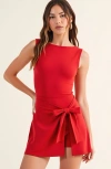 Modenaire Sleeveless Active Romper With Side Tie Skirt Overlay And Crew Neckline In Red
