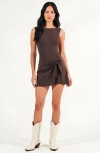 Modenaire Sleeveless Active Romper With Side Tie Skirt Overlay And Scoop Neckline In Brown