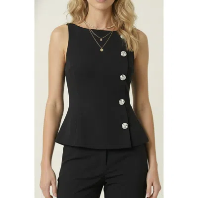 Modenaire Sleeveless Asymmetrical Button Structured Top In Black