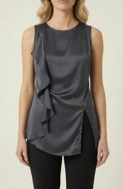 Modenaire Sleeveless Blouse With Asymmetric Ruffle And Draped Detail In Gray