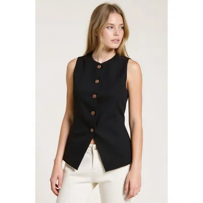 Modenaire Sleeveless Button Front Asymmetrical Hem Tailored Vest In Black