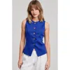 Modenaire Sleeveless Button Front Asymmetrical Hem Tailored Vest In Blue