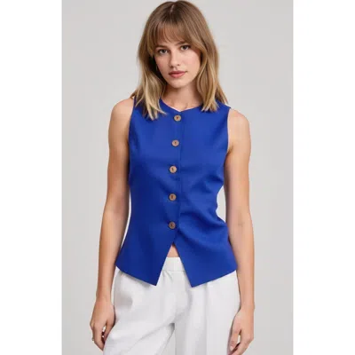 Modenaire Sleeveless Button Front Asymmetrical Hem Tailored Vest In Blue
