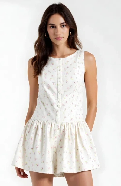 Modenaire Sleeveless Button-front Romper With Gathered Skirted Shorts And Floral Print In Multi