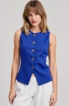 Modenaire Sleeveless Button Front Tailored Fit Asymmetrical Hem Vest In Blue