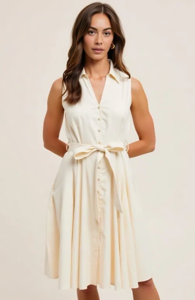 Modenaire Sleeveless Button-front Tie Waist Shirt Collar Fit-and-flare Dress In Neutral