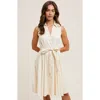 Modenaire Sleeveless Button-front Tie Waist Shirt Collar Fit-and-flare Dress In Neutral