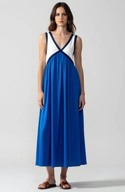 Modenaire Sleeveless Colorblock Maxi Dress With Empire Waist And V-neckline In Blue