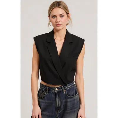 Modenaire Sleeveless Cropped Raw-edge Notched-collar Blazer Vest In Black