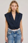 Modenaire Sleeveless Cropped Tailored Collar Raw Edge Hem Blazer Vest In Blue