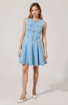 Modenaire Sleeveless Denim Mini Dress With Button Front And Flared Skirt In Blue