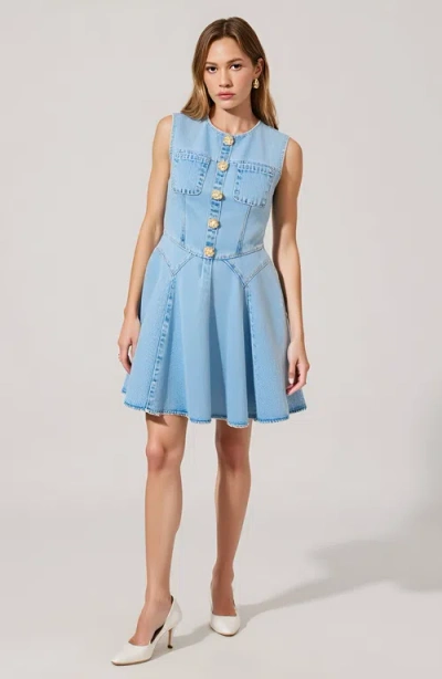 Modenaire Sleeveless Denim Mini Dress With Button Front And Flared Skirt In Blue
