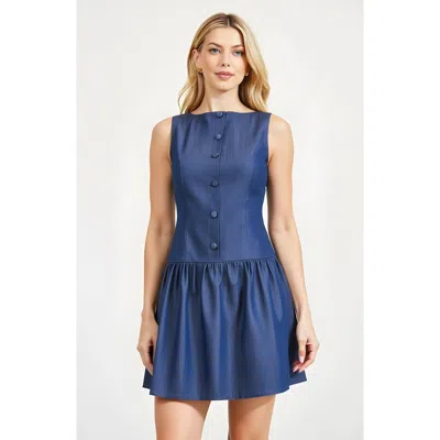 Modenaire Sleeveless Denim Mini Dress With Covered Buttons, Open Back, And Flared Skirt In Blue