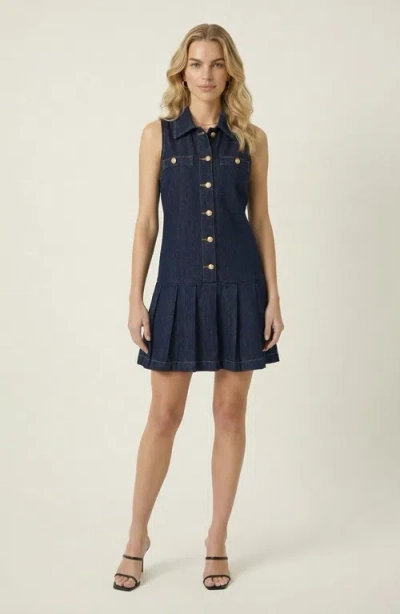 Modenaire Sleeveless Denim Mini Dress With Pleated Hem In Blue