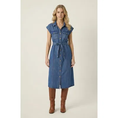 Modenaire Sleeveless Denim Tie Waist Midi Dress In Blue