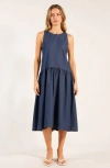 Modenaire Sleeveless Drop-waist Midi Dress With Gathered Skirt In Blue