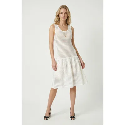 Modenaire Sleeveless Eyelet Pattern Flared Hem Knit Dress In White