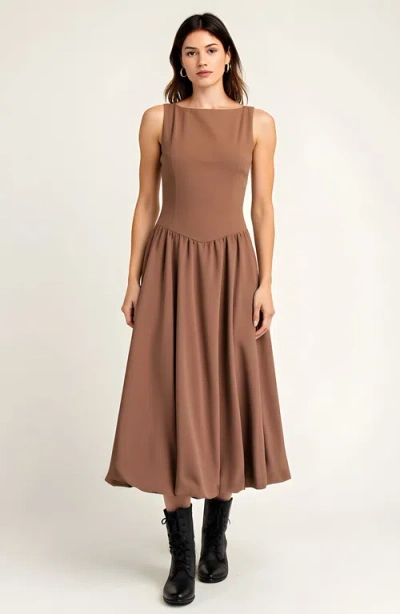 Modenaire Sleeveless Fit And Flare Midi Bubble Hem Dress With Gathered Skirt Detail In Brown