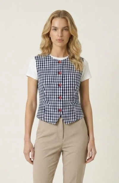 Modenaire Sleeveless Gingham Button Front Top With Waist Tie In Blue