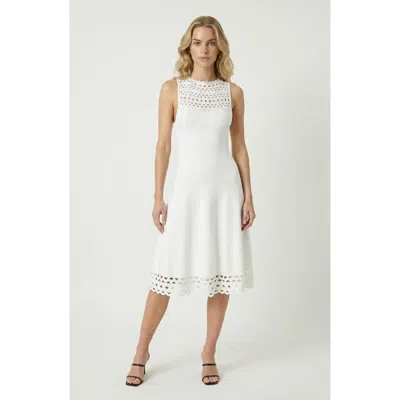 Modenaire Sleeveless High Neck Eyelet Midi Dress In White