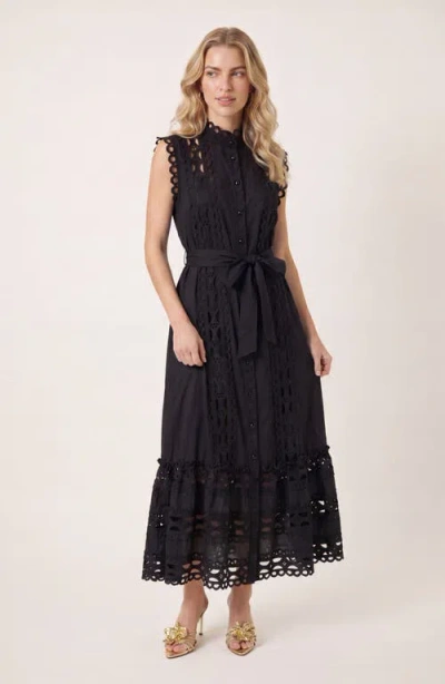 Modenaire Sleeveless High Neck Lace Overlay Dress In Black