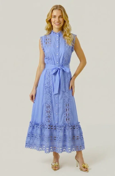 Modenaire Sleeveless High Neck Lace Overlay Dress In Blue