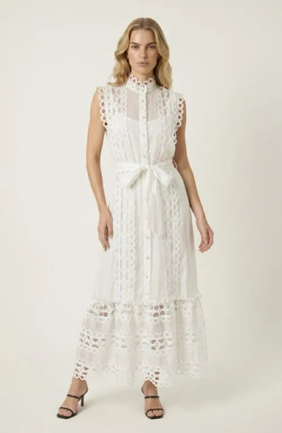 Modenaire Sleeveless High Neck Lace Overlay Dress In White